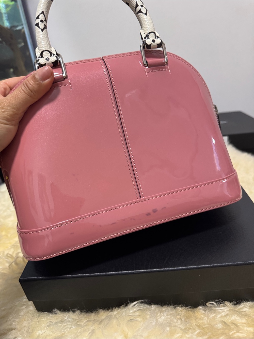 Louis Vuitton Pink Patent Alma Handbag with White Monogram Accents - Picture 8 of 11